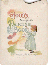 Color cover of Hood's Sarsaparilla Painting Book featuring a little girl in a green dress painting the letter n in painting.