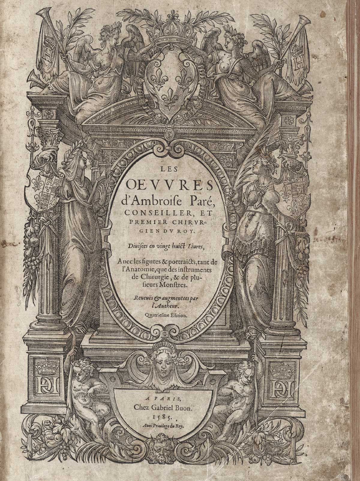 Typeset title page of Ambroise Paré’s Oeuvres, with large ornamental woodcut border.