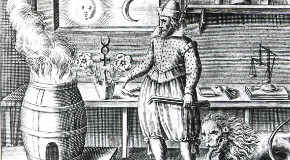 Illustration of an alchemy workshop.