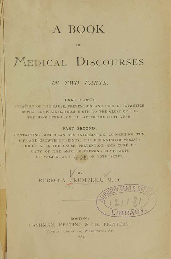 The title page from Dr. Rebecca Lee Crumpler's 1883 book