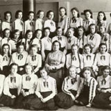 Katherine Dreschler (last row, second from right) as a high school student in Szilagyi Ezrseset Gimnasum, ca. 1942