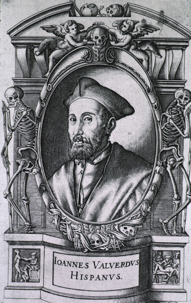 Portrait set in elaborate border, with medical details, skeletons, etc.      