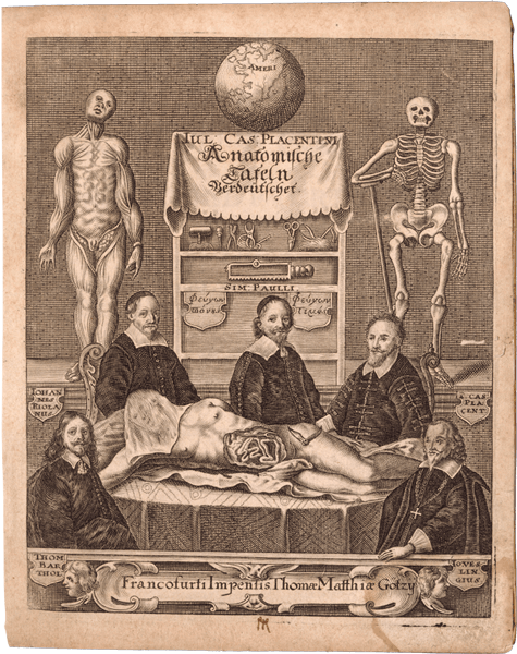 Three Dutch anatomists, wearing black clothes with white collars, pose sitting around a table which has on it a dissected cadaver.