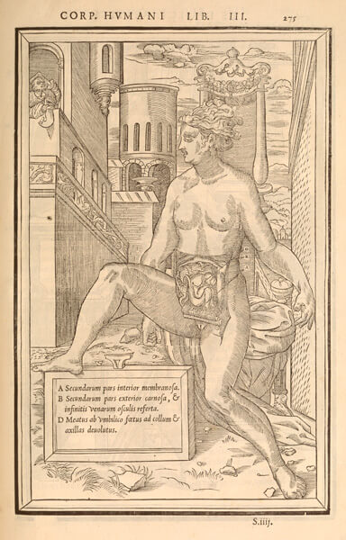 A naked woman, with her womb dissected, poses in front of a tower