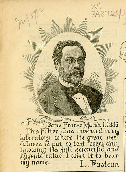 Head and shoulders drawing of Louis Pasteur surrounded by a starburst pattern