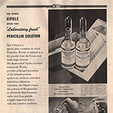 Pharmaceutical advertisement with photographs vials and packaging, and how to remove fluid with a needle