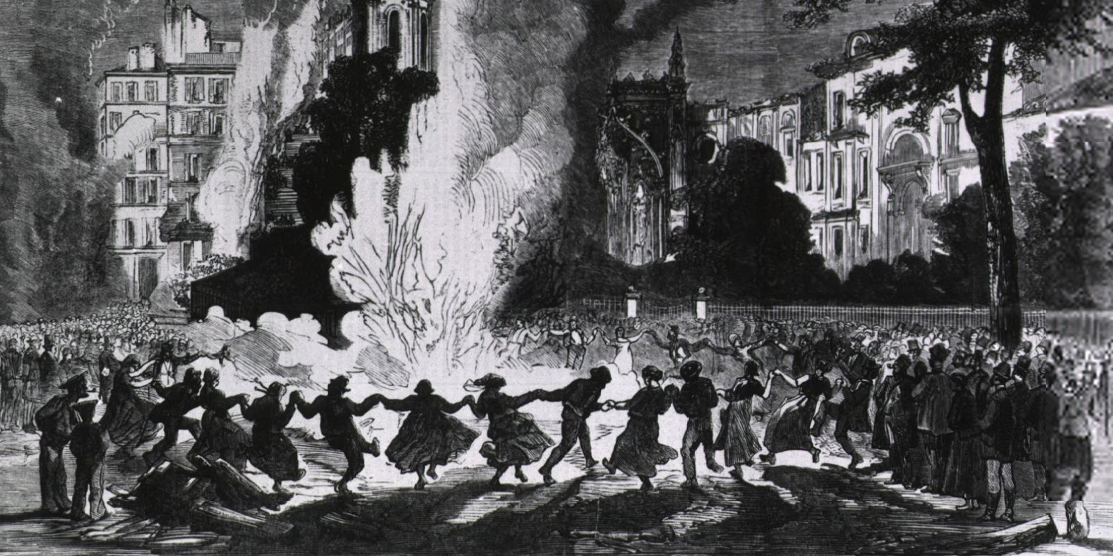 Cholera at Marseilles. Fires lighted...to destroy the pestilence. Crowds watch; a large group dance around the fire.