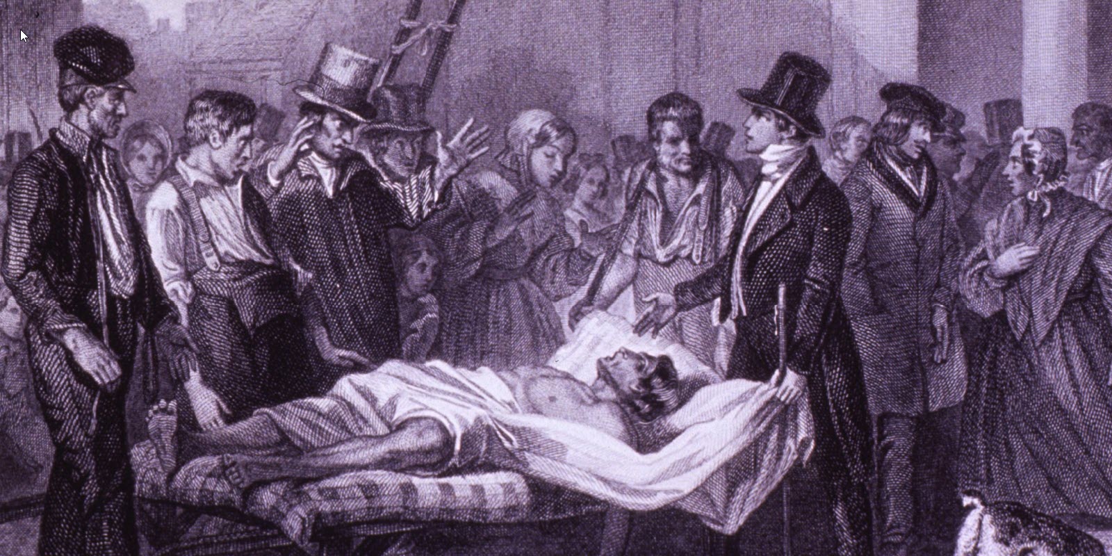 A large group of onlookers discuss a man with cholera.