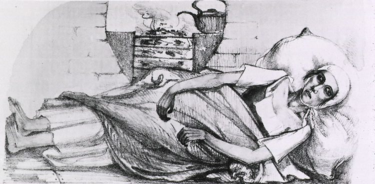 A hand drawn illustration of a girl lying in a bed with a gown on. Her head is covered by a cap and a blanket covers most of her body. In the background a kettle is resting on a fire.