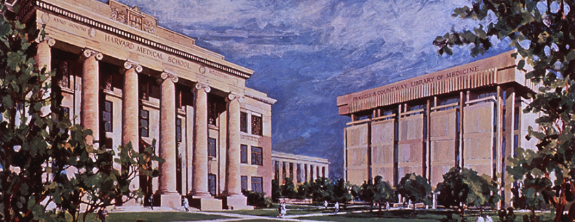 A color illustration of the courtyard between The Harvard Medical School and the Countway Medical Library.