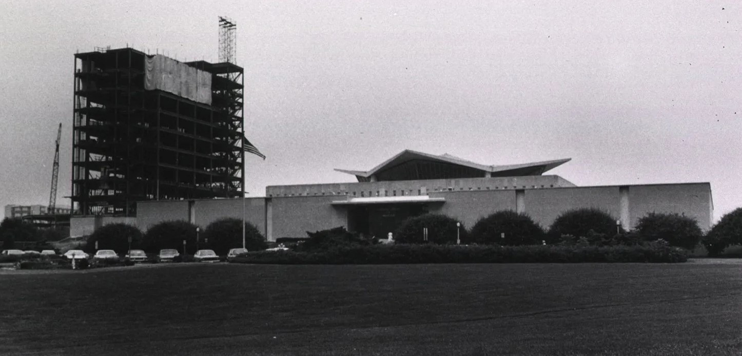 The National Library of Medicine building with the high rise Lister Hill Center under construction behind it.