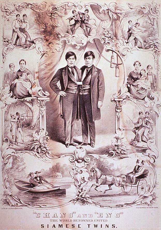 A detailed and embellished illustration of the twins as older men surrounded by images of their life and family.