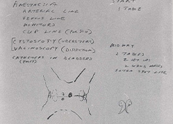 A handwritten chart with diagrams and annotations was part of the planning for the surgery.