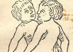 A simple woodcut illustration of two young children closely joined, facing each other.