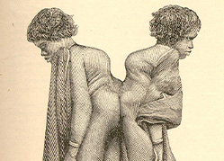 A detailed woodcut of two clothed women joined at the base of the spine, facing away from each other.