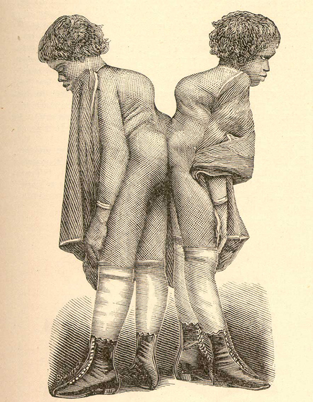 A detailed woodcut of two clothed women joined at the base of the spine, facing away from each other.