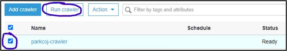 Highlighting the crawler is selected using the checkbox next to the name and the Run Crawler button to start the selected crawler