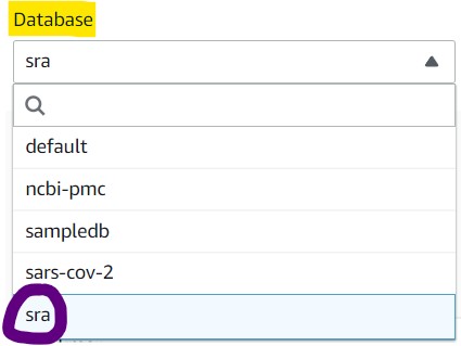 Highlighting "SRA" selection from the database drop-down menu on athena query page