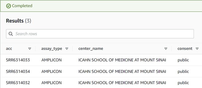 Showing the results table generated by the Athena search