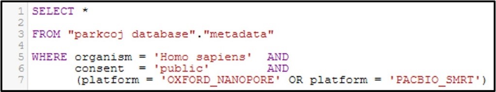 Example command showing the "AND" and "OR" conditions to combine search commands in SQL