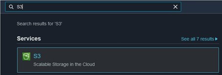 Shows AWS console search bar results for "S3" search term. Select the first option
