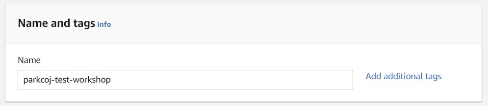 Showing the example "parkcoj-cloud-workshop" in the Name and Tags section