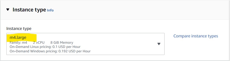 Showing "m4.large" option selected in the Instance Type field