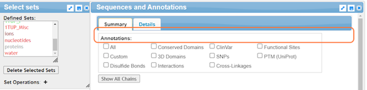 Screenshot from the iCn3D website, Sequences and Annotations