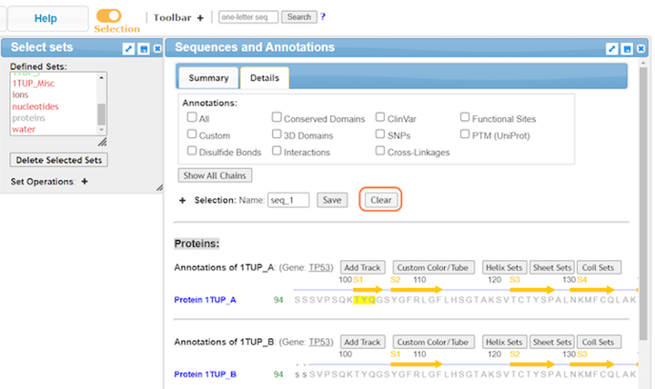 Screenshot from the iCn3D website, Sequences and Annotations