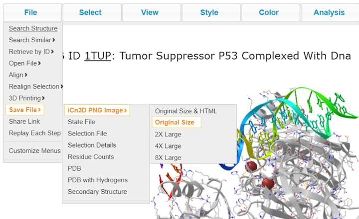 Screenshot from the iCn3D website,  Save File > iCn3D PNG Image > Original Size