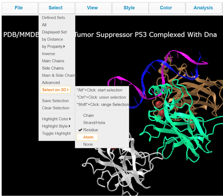  Screenshot from the iCn3D website, Select > Select  on 3D > Atom