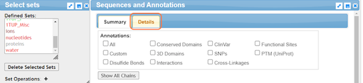 Screenshot from the iCn3D website, Sequences and Annotations