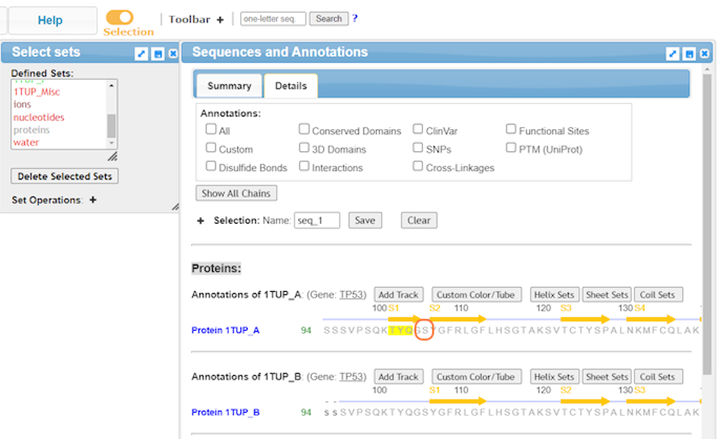 Screenshot from the iCn3D website, Sequences and Annotations