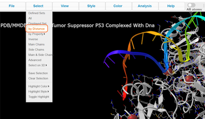 Screenshot from the iCn3D website, Select > by distance