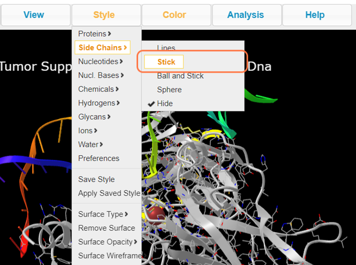 Screenshot from the iCn3D website, Style > Side Chains > Stick