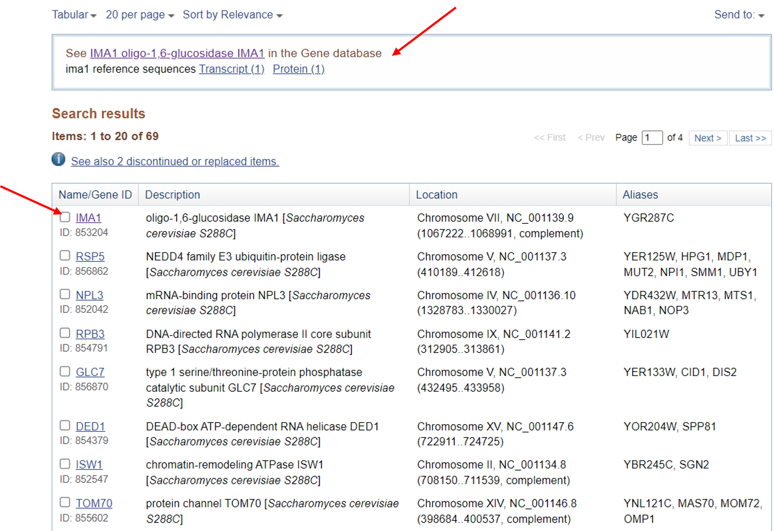 Gene database search results for saccharomyces cerevisiae IMA1 gene