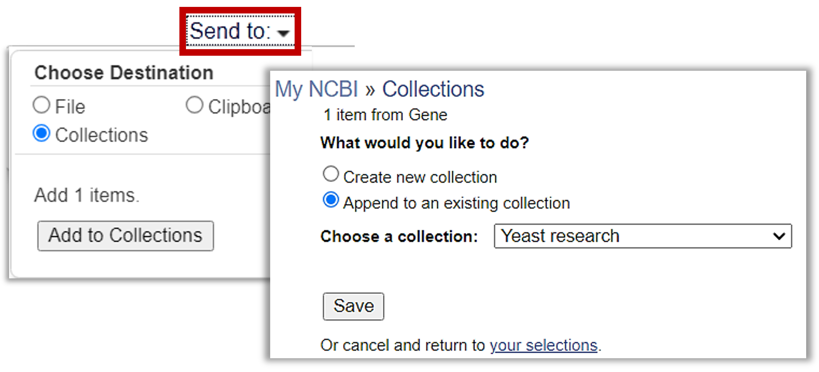 Add to existing collections steps:  Send to, collections, add to existing collection