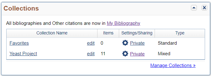 Collections pane of NCBI dashboard showing yeast collection