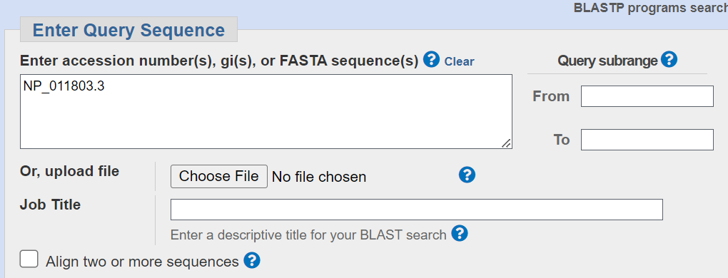 BLAST web interface query entry box