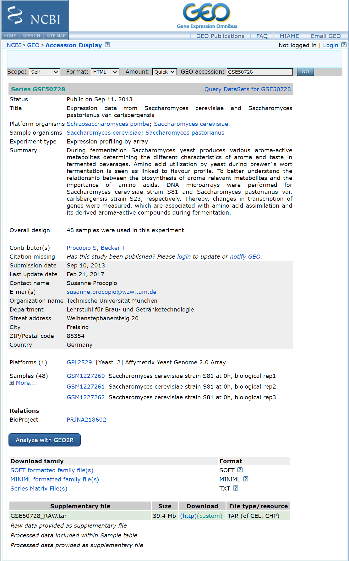 Screenshot of a GEO accession page