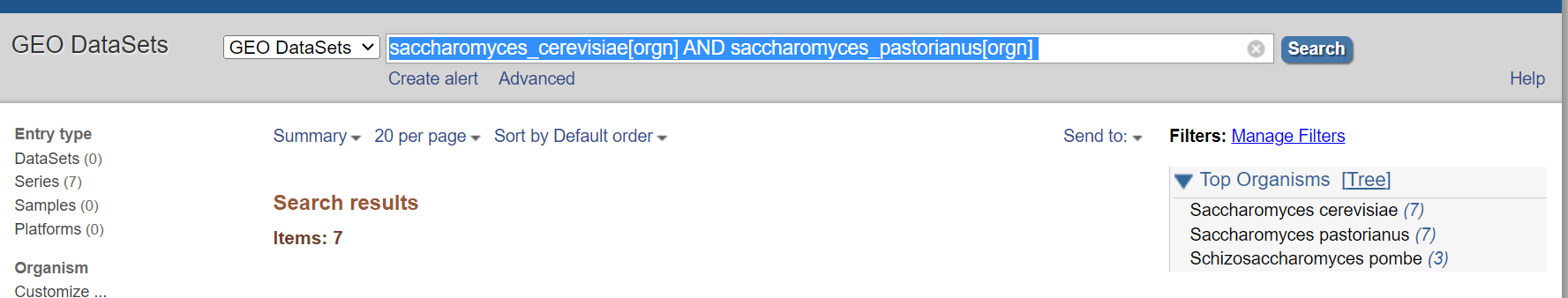 GEO Datasets search for data with both cerevisiae and pastorianus species