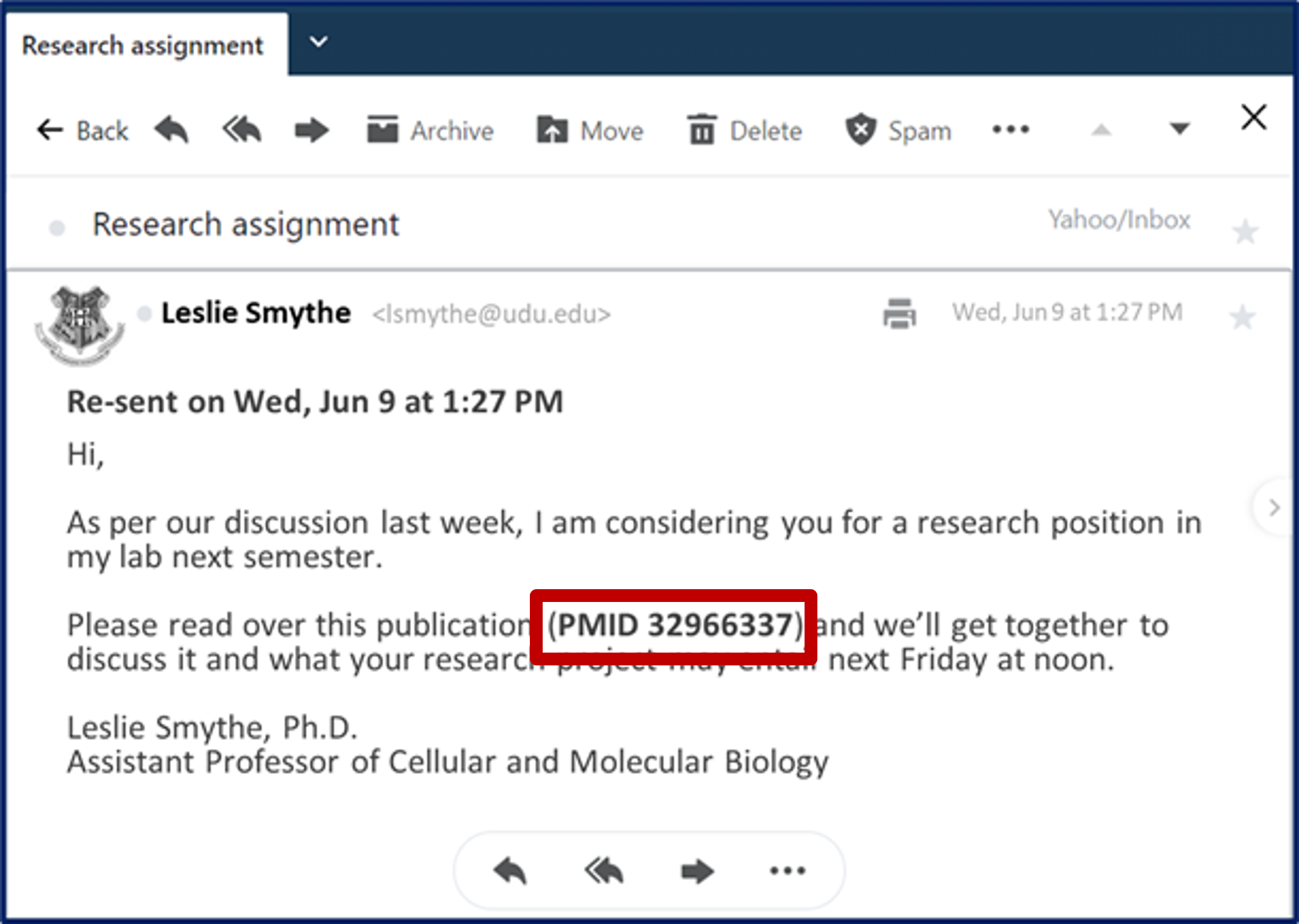 Professor Leslie Smythe's Email asking you to read PMID 32966337 for your next meeting
