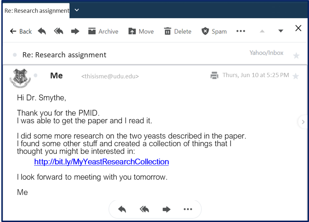 Email to Dr. Smythe with link to yeast research collection