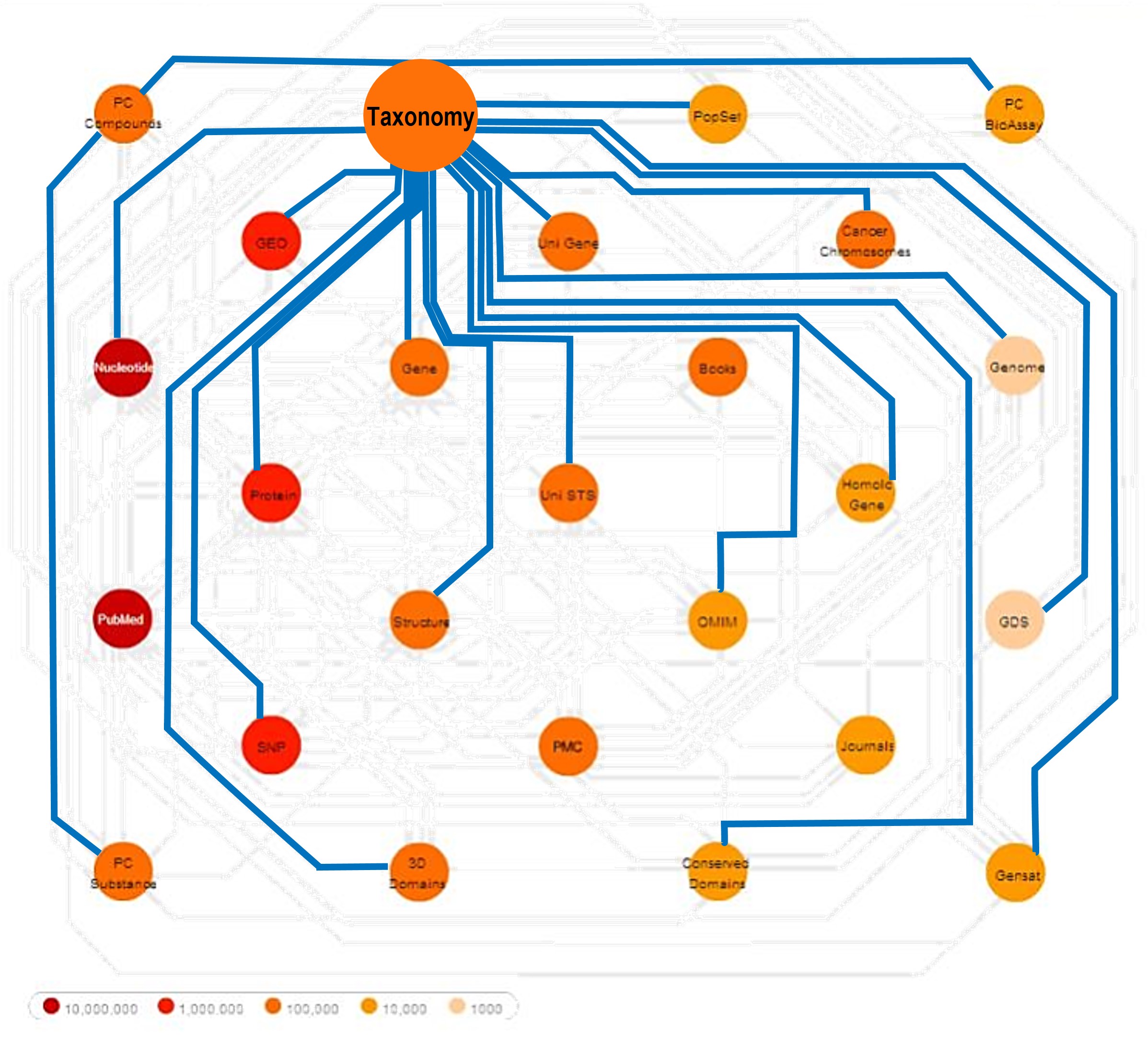 An old schematic - showing how Taxonomy provides links to relevant records in other NCBI databases.