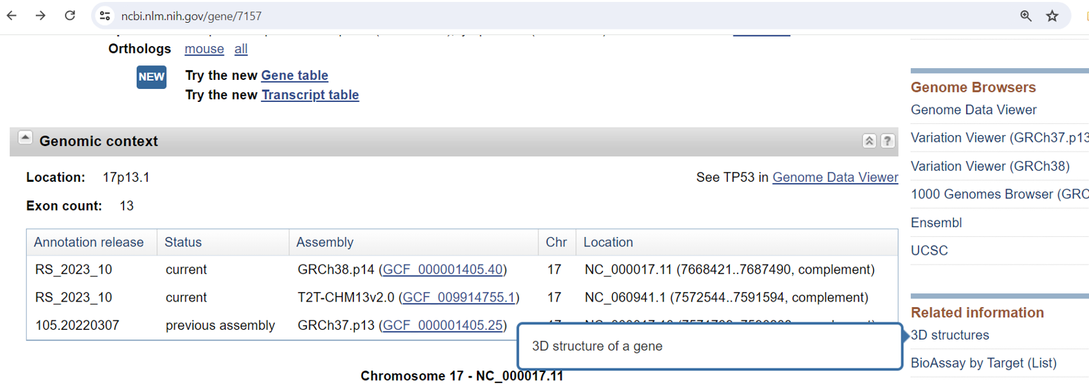 gene results showing structure information