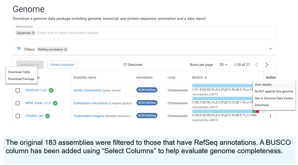 Datasets squamate genome table with filters applied