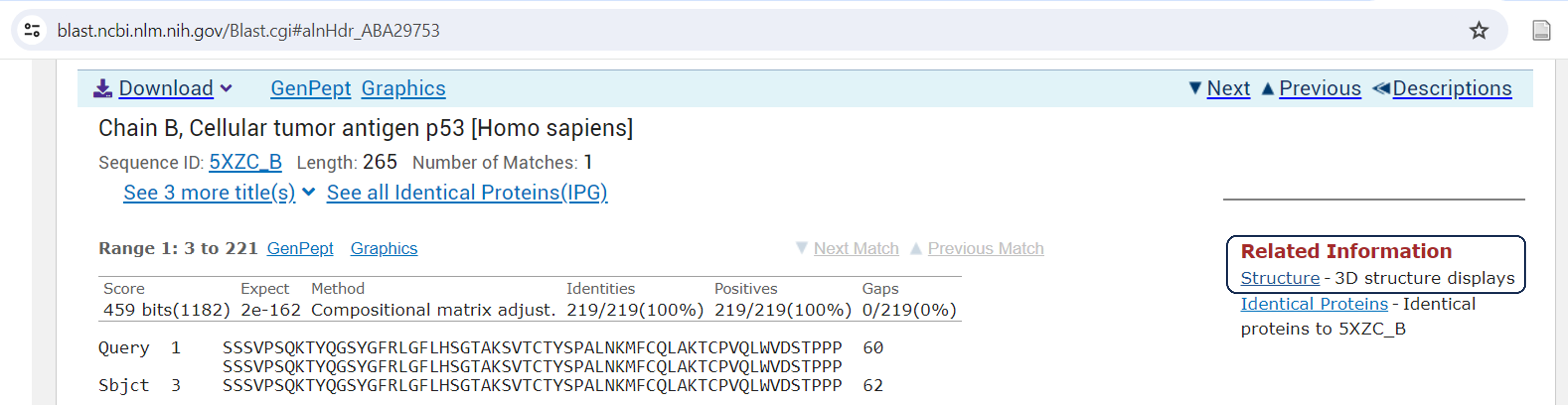 pblast results showing structure information