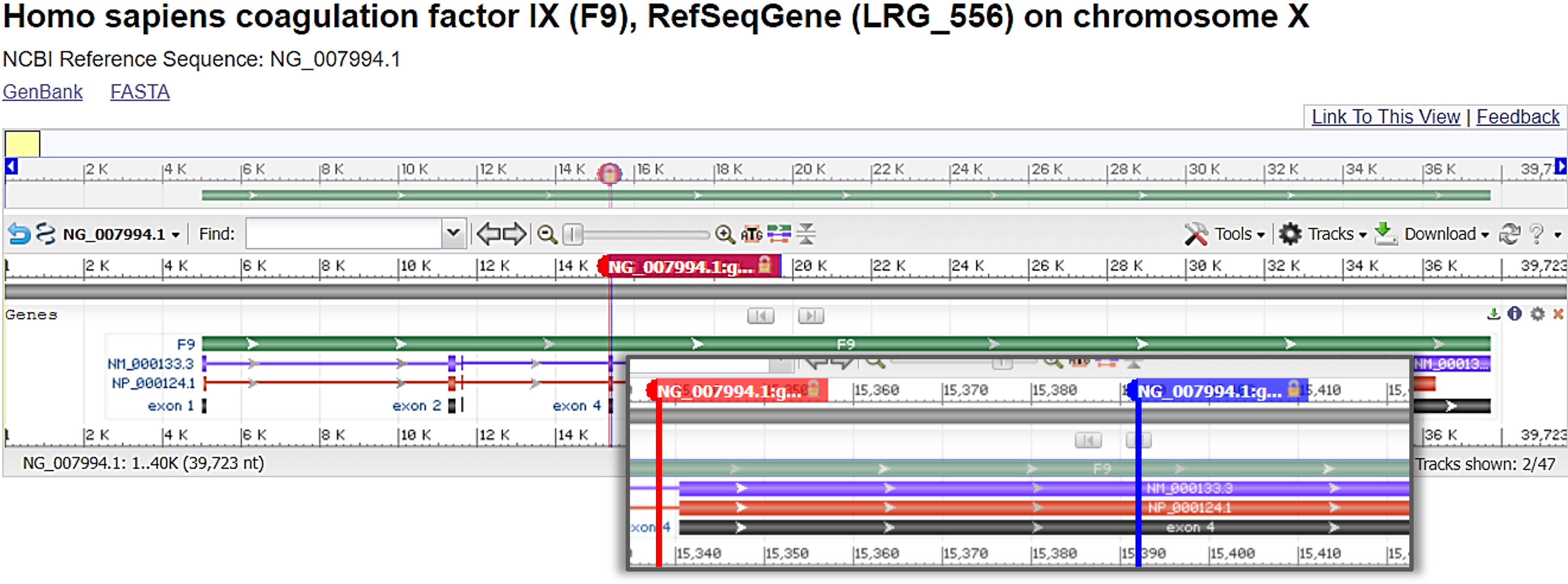 screenshot of the F9 gene with Alexei & Bo's genetic variations mapped