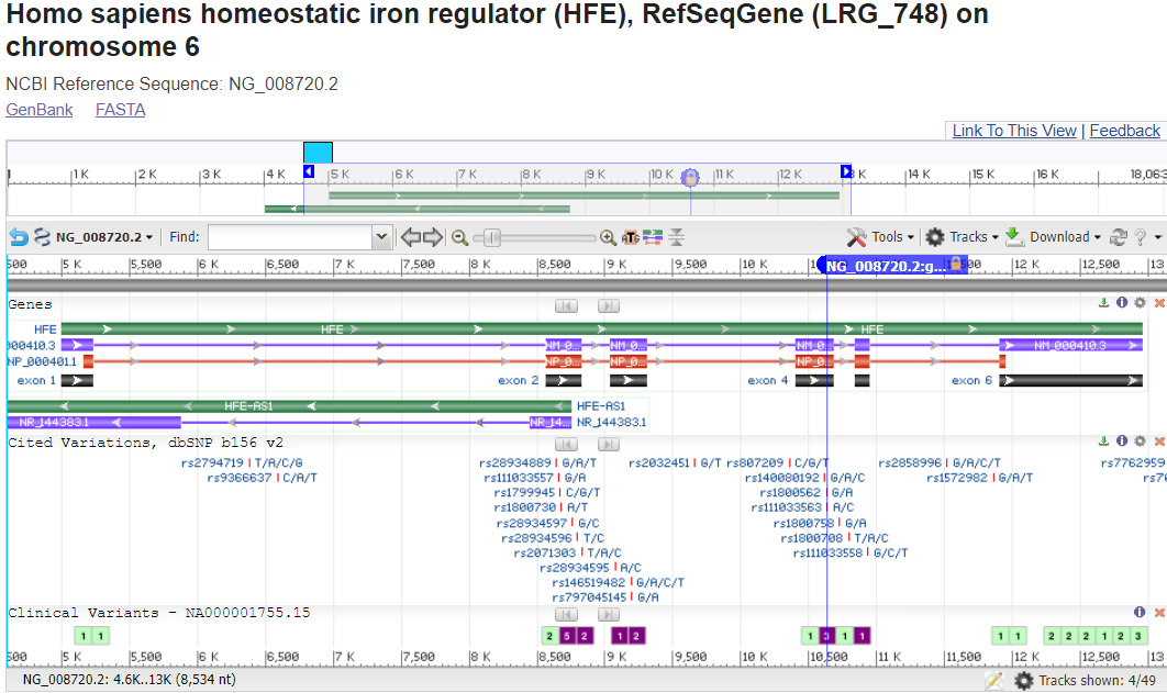 Image of RefSeqGene view - HFE gene with variant marker