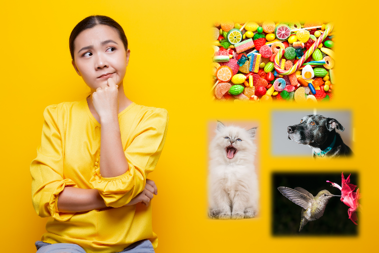 Woman thinking about pets eating candy